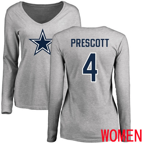 Women Dallas Cowboys Ash Dak Prescott Name and Number Logo Slim Fit #4 Long Sleeve Nike NFL T Shirt
